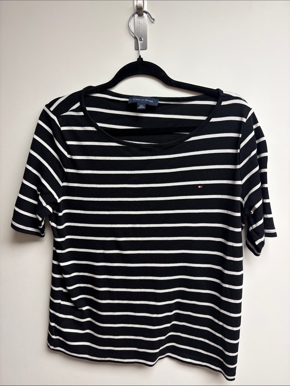 Tommy Hilfiger Black and White Striped Short Sleeve Tee